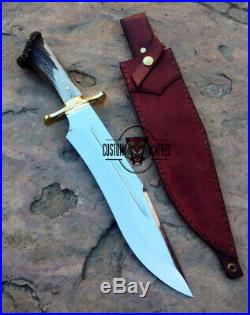 Gorgeous Custom Made D-2 Tool Steel Stag Horn Mirror Hunting Bowie With Sheath