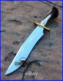 Gorgeous Custom Made D-2 Tool Steel Stag Horn Mirror Hunting Bowie With Sheath