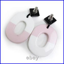 HERMES Isthme Buffalo Horn & Lacquer Wood Earings, Pink & White & Brown