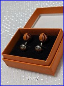 HERMES Leather cufflinks Used With Box cuff links orange silver