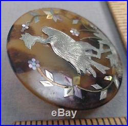 HORN BUTTON with Silver & MOP Inlay, 1800s Beautiful Intricate BIRD Design LARGE