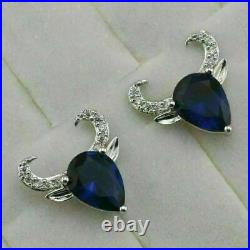 Halloween Special Cow Horn Stud Earrings 14K White Gold 2.4Ct Simulated Sapphire