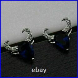 Halloween Special Cow Horn Stud Earrings 14K White Gold 2.4Ct Simulated Sapphire