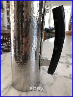 Hammered Metal Pitcher Vase (Silver with Horn Handle)beautiful Mid century