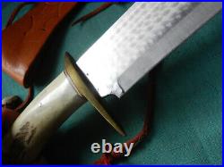 Hand made Large steel Bowie with leather scabbard