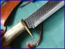 Hand made Large steel Bowie with leather scabbard