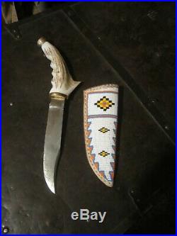 HandCrafted Elk Antler Knife with Beaded Sheath