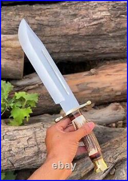Handcrafted D2 Steel Hunting Bowie Knife with Stag/Horn Handle and Sheath
