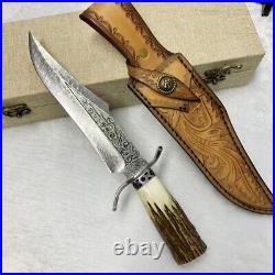 Handcrafted Damascus Hunting Fixed Blade Knife Survival Bowie Stag Horn Handle