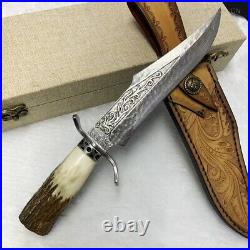 Handcrafted Damascus Hunting Fixed Blade Knife Survival Bowie Stag Horn Handle