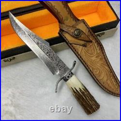 Handcrafted Damascus Hunting Fixed Blade Knife Survival Bowie Stag Horn Handle