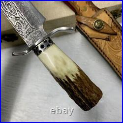 Handcrafted Damascus Hunting Fixed Blade Knife Survival Bowie Stag Horn Handle