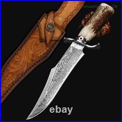 Handcrafted Damascus Hunting Fixed Blade Knife Survival Bowie Stag Horn Handle