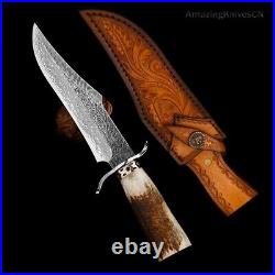 Handcrafted Damascus Hunting Fixed Blade Knife Survival Bowie Stag Horn Handle