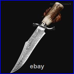 Handcrafted Damascus Hunting Fixed Blade Knife Survival Bowie Stag Horn Handle