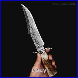 Handcrafted Damascus Hunting Fixed Blade Knife Survival Bowie Stag Horn Handle