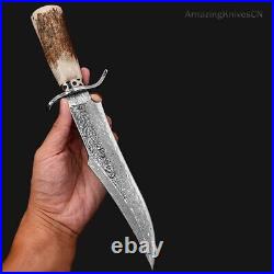 Handcrafted Damascus Hunting Fixed Blade Knife Survival Bowie Stag Horn Handle