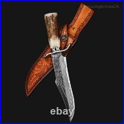 Handcrafted Damascus Hunting Fixed Blade Knife Survival Bowie Stag Horn Handle