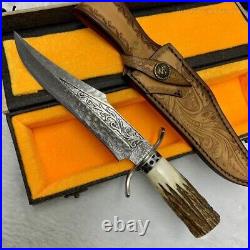 Handcrafted Damascus Hunting Fixed Blade Knife Survival Bowie Stag Horn Handle