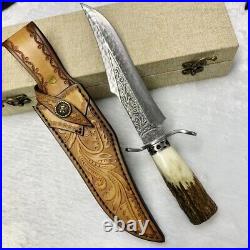 Handcrafted Damascus Hunting Fixed Blade Knife Survival Bowie Stag Horn Handle