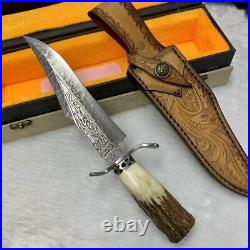 Handcrafted Damascus Hunting Fixed Blade Knife Survival Bowie Stag Horn Handle