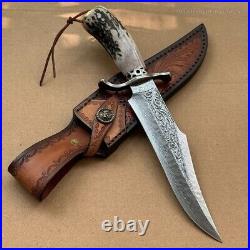 Handcrafted Damascus Hunting Fixed Blade Knife Survival Combat Stag Horn Handle