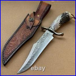 Handcrafted Damascus Hunting Fixed Blade Knife Survival Combat Stag Horn Handle