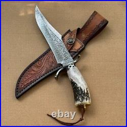 Handcrafted Damascus Hunting Fixed Blade Knife Survival Combat Stag Horn Handle