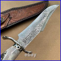 Handcrafted Damascus Hunting Fixed Blade Knife Survival Combat Stag Horn Handle