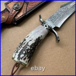 Handcrafted Damascus Hunting Fixed Blade Knife Survival Combat Stag Horn Handle