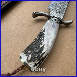 Handcrafted Damascus Hunting Fixed Blade Knife Survival Combat Stag Horn Handle