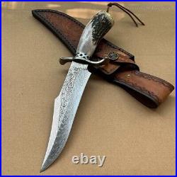 Handcrafted Damascus Hunting Fixed Blade Knife Survival Combat Stag Horn Handle