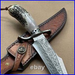 Handcrafted Damascus Hunting Fixed Blade Knife Survival Combat Stag Horn Handle