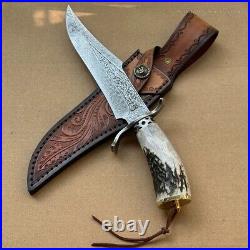 Handcrafted Damascus Hunting Fixed Blade Knife Survival Combat Stag Horn Handle