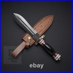 Handmade Dagger Knife Black Horn Knife Damascus Steel with Leather Sheath