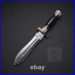 Handmade Dagger Knife Black Horn Knife Damascus Steel with Leather Sheath