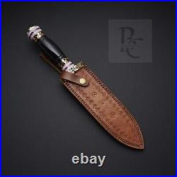 Handmade Dagger Knife Black Horn Knife Damascus Steel with Leather Sheath