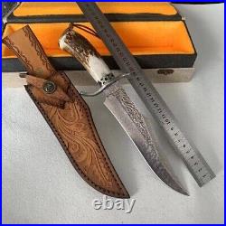 Handmade Damascus Hunting Fixed Blade Knife Survival Camping Stag Horn Handle