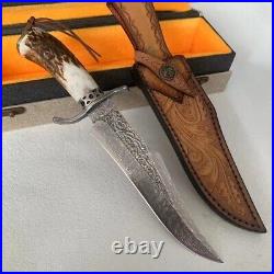 Handmade Damascus Hunting Fixed Blade Knife Survival Camping Stag Horn Handle