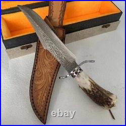 Handmade Damascus Hunting Fixed Blade Knife Survival Camping Stag Horn Handle