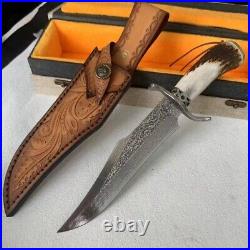 Handmade Damascus Hunting Fixed Blade Knife Survival Camping Stag Horn Handle