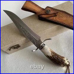 Handmade Damascus Hunting Fixed Blade Knife Survival Camping Stag Horn Handle