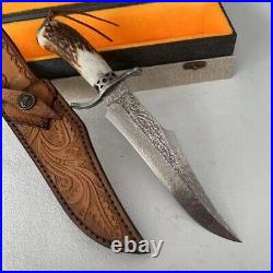 Handmade Damascus Hunting Fixed Blade Knife Survival Camping Stag Horn Handle