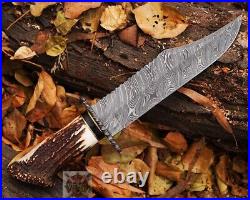 Handmade Damascus Hunting Knife Stag Horn Handle Knife With Sheath