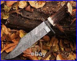 Handmade Damascus Hunting Knife Stag Horn Handle Knife With Sheath