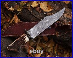 Handmade Damascus Hunting Knife Stag Horn Handle Knife With Sheath