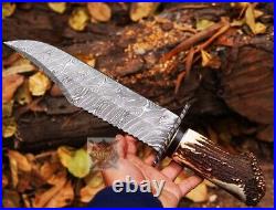 Handmade Damascus Hunting Knife Stag Horn Handle Knife With Sheath