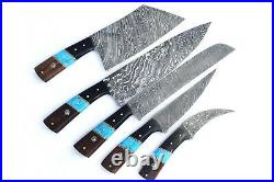 Handmade Damascus Steel 5 Pc's Knife Chef Set with Turquoise/Horn/Wood Handle