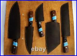 Handmade Damascus Steel 5 Pc's Knife Chef Set with Turquoise/Horn/Wood Handle