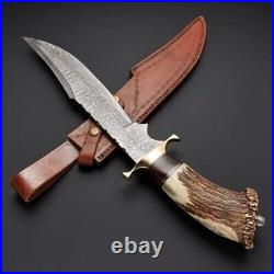 Handmade Damascus Steel Bowie Knife with Stag Horn Handle and Leather Sheath